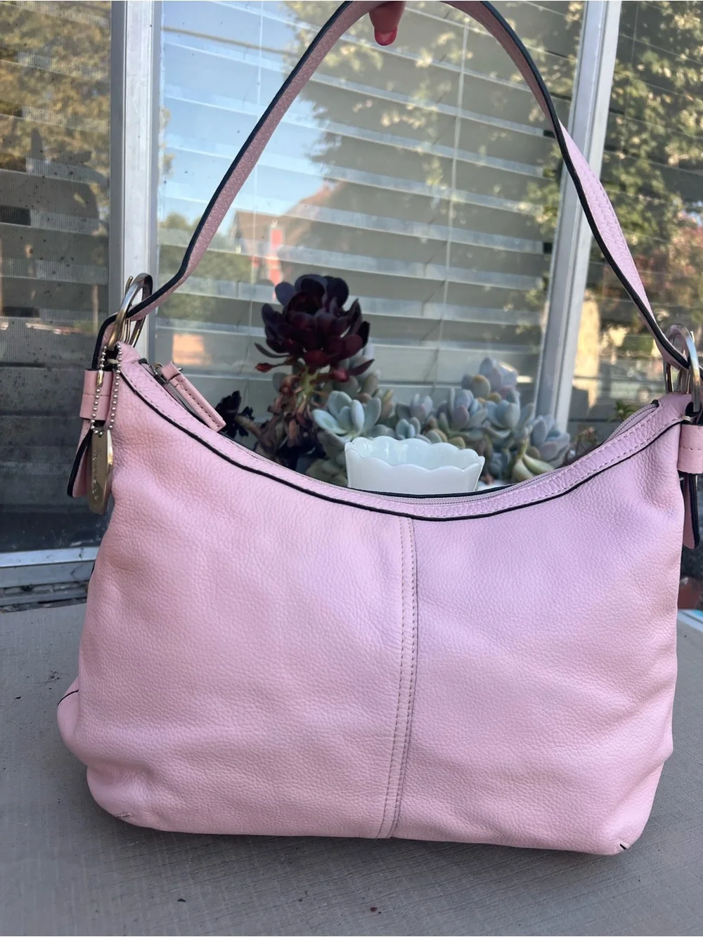Soft Pink Pebbled Leather Shoulder Bag with Buckle Detail